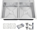 33 Inch Drop In Double Bowl Kitchen Sink with Nano Coating, 20 Gauge 304 Stainless Steel Topmount Kitchen Sink with Accessories
