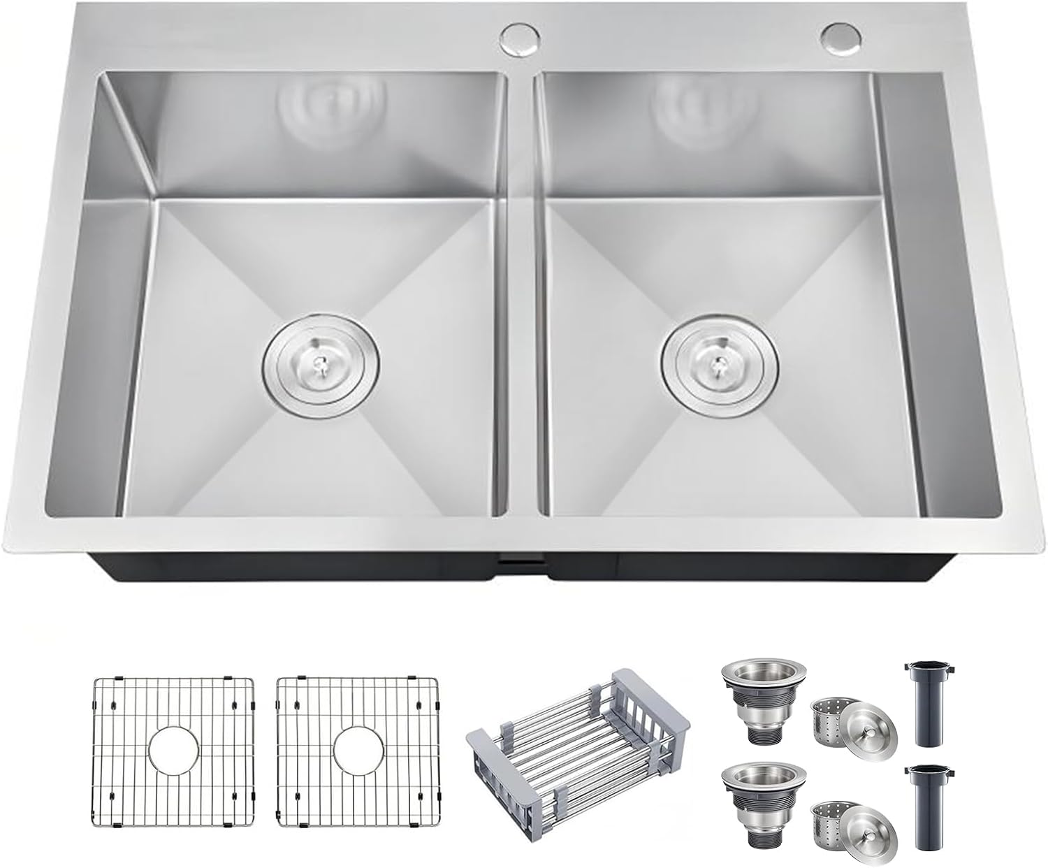 33 Inch Drop In Double Bowl Kitchen Sink with Nano Coating, 20 Gauge 304 Stainless Steel Topmount Kitchen Sink with Accessories