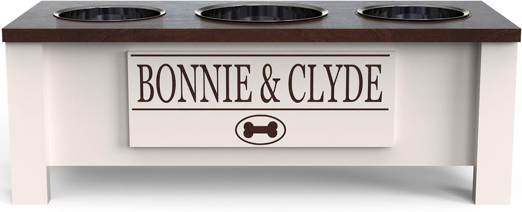 GTW Elevated 3 Bowl Dog Feeding Station - Customized Triple Stand for Medium Size Dog Breeds - Includes Storage & Stainless Steel Bowls (Medium, Brown)