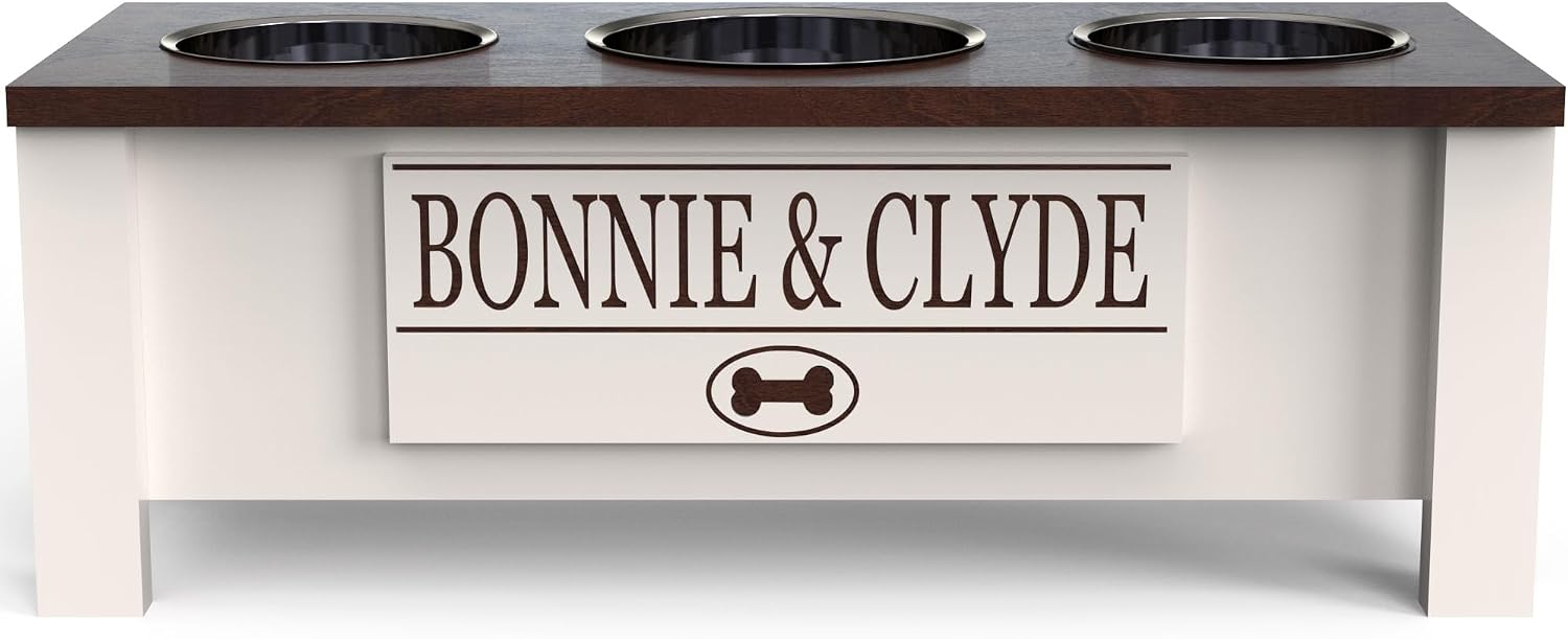GTW Elevated 3 Bowl Dog Feeding Station - Customized Triple Stand for Medium Size Dog Breeds - Includes Storage & Stainless Steel Bowls (Medium, Brown)
