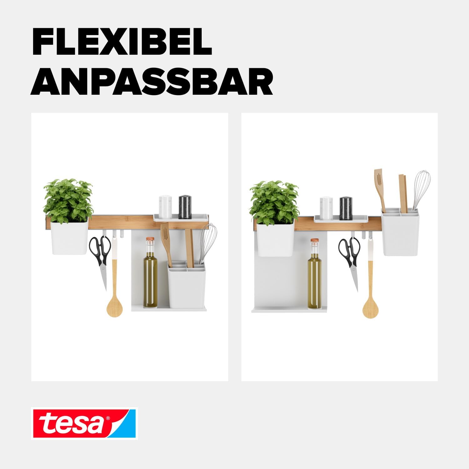 tesa Kitchen Organiser Combo Set M - Self-Adhesive Wall Mounted Kitchen Rail System with Herb Pot, 2 Shelves, Utensil Holder, 3 Hooks - Bamboo/White