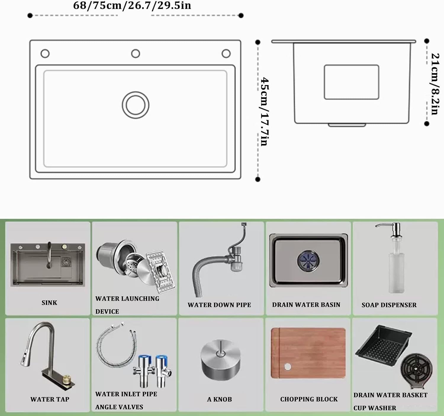 304 Stainless Steel Kitchen Sink Nano Gray Single Bowl Bar Sink Household Dish Basin Hand Sink Multi-Purpose RV Sink with Faucet and Drain Assembly (Color : Grey, Size : 68x45x21cm) (Gun