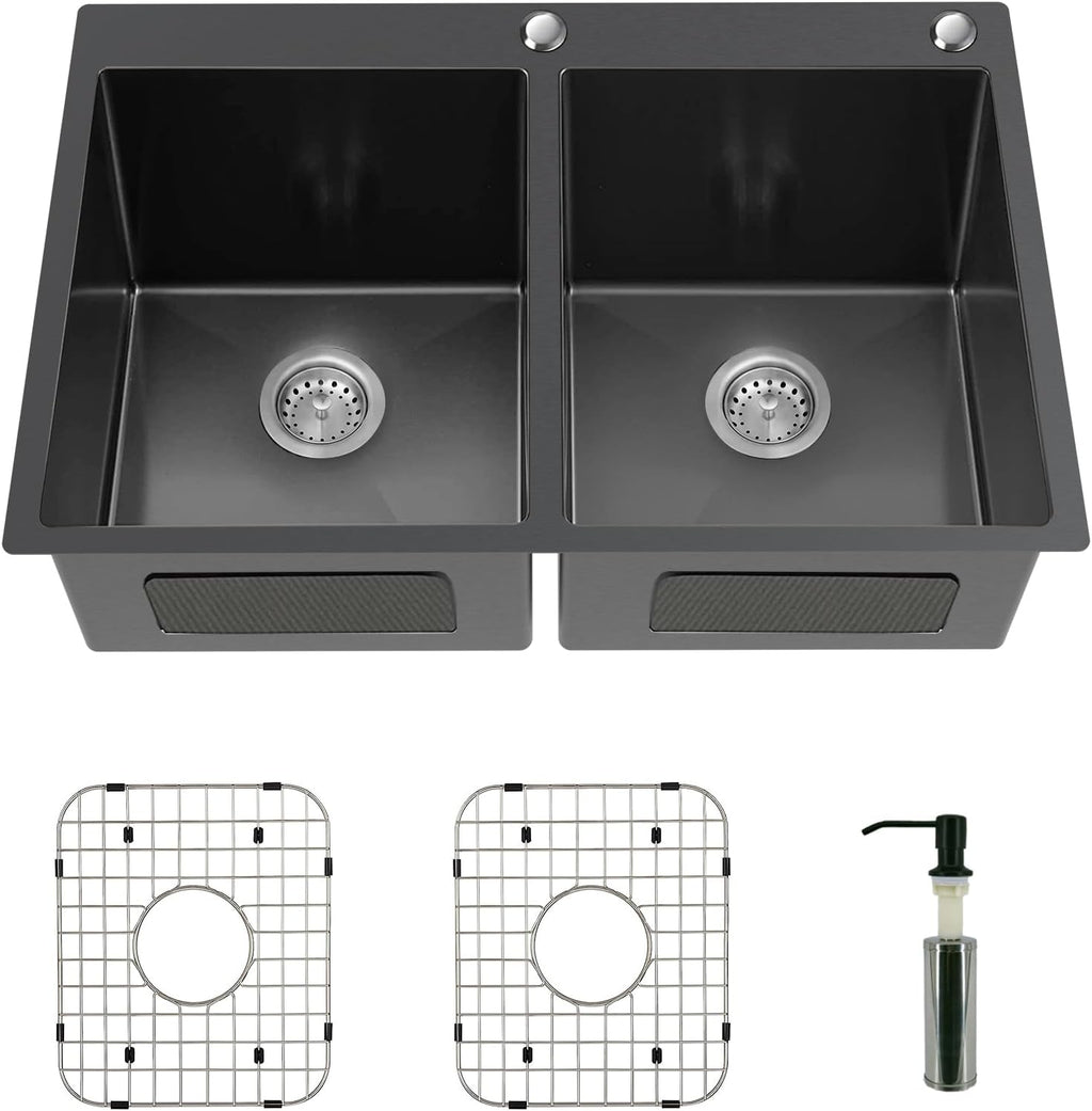Black Double Bowl Sink - 50/50, 33x22x9-Inch Topmount - Stainless Steel - Drop In - Includes Sink Grid, Soap Dispenser, Drain Strainer