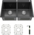 Black Double Bowl Sink - 50/50, 33x22x9-Inch Topmount - Stainless Steel - Drop In - Includes Sink Grid, Soap Dispenser, Drain Strainer
