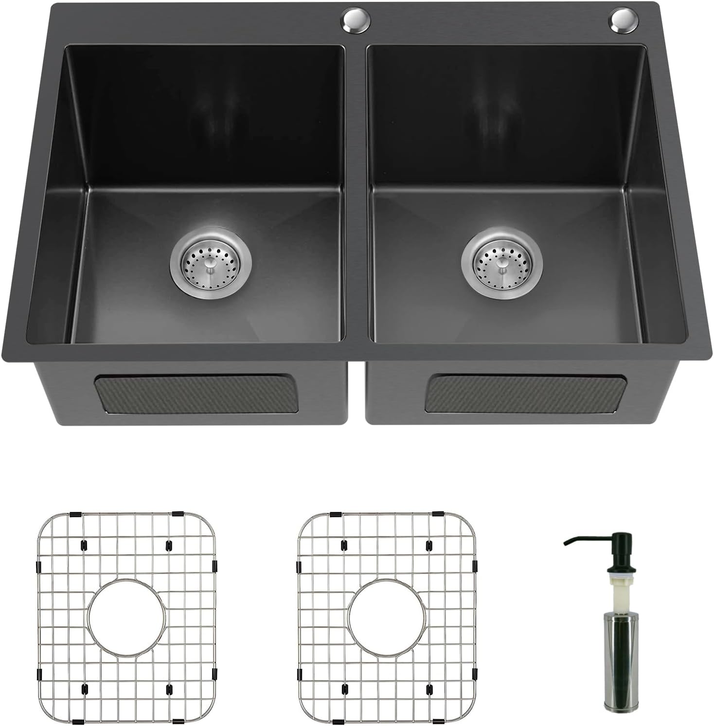 Black Double Bowl Sink - 50/50, 33x22x9-Inch Topmount - Stainless Steel - Drop In - Includes Sink Grid, Soap Dispenser, Drain Strainer
