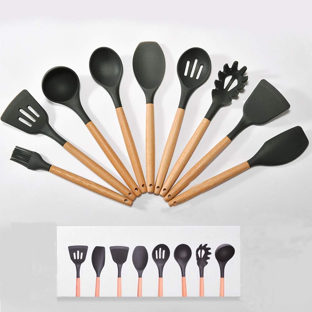 Wood Handle Silicone Nonstick Kitchen Utensil Set for Cooking Gadgets Cooking Utensils Set with Wood Handles Cookware ladle，