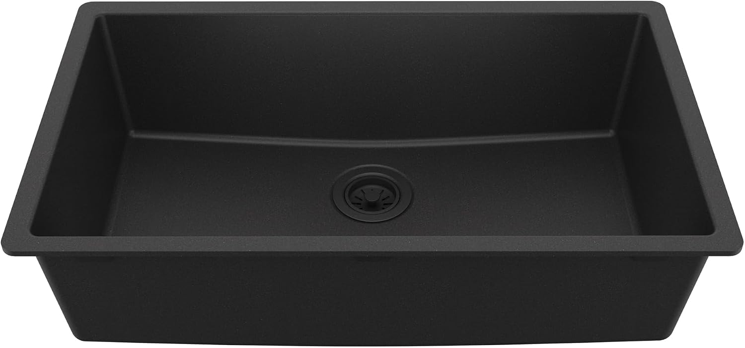 Karran Undermount 33' Large Single Bowl Granite Quartz Composite Kitchen Sink in Black – Extra Deep 9' Basin, Heat & Scratch Resistant, Sound Dampening, Rear Drain – QU-812