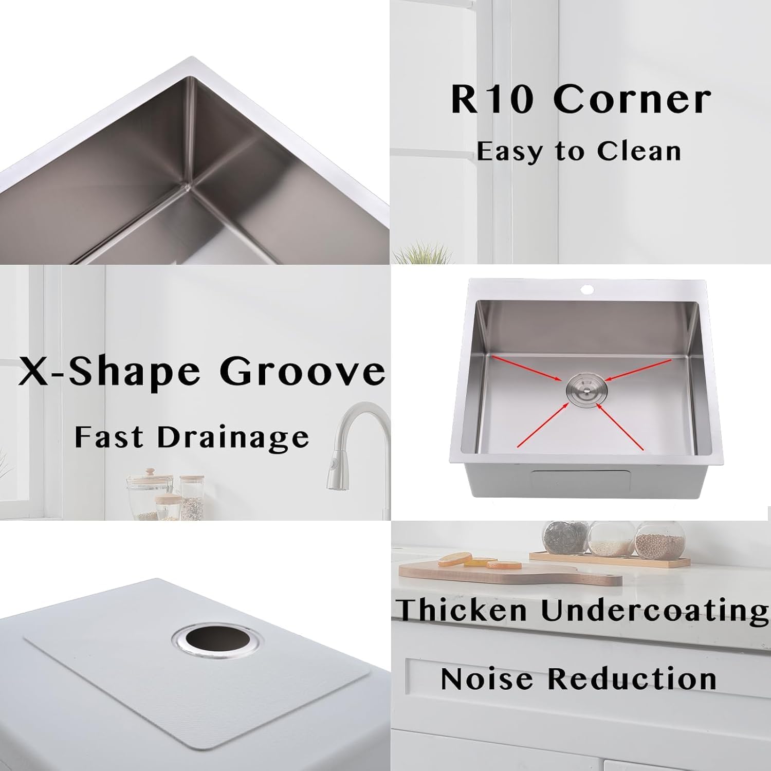 Friho 25x22 Drop in Kitchen Sink, Brushed Nickel Topmount Kitchen Sinks, SUS304 Commercial Handmade 16 Gauge Single Bowl Stainless Steel Sink with Basket Strainer