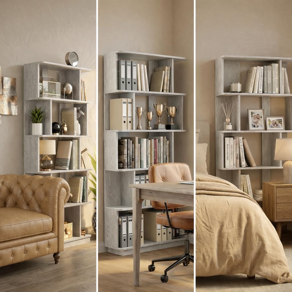 5-Tier Tall Bookshelf, Narrow Wood Bookcase, Light Gray | 64.56' freestanding open display shelf for books, décor, and storage in living rooms, bedrooms, or home offices