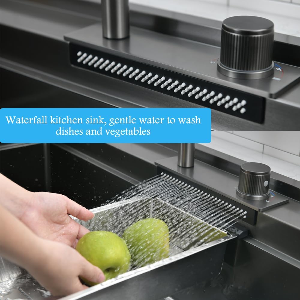 33 Inch Black Drop In Waterfall Kitchen Sink Workstation -Bokaiya 33x19 Black Stainless Steel Sink with Faucet Combo 16 Gauge 10' Deep Top Mount Single Bowl Modern Kitchen Sink