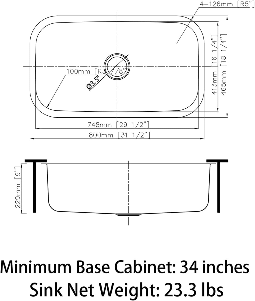 Sinber MU3118S 31' x 18' x 9' Undermount Single Bowl Kitchen Sink with 18 Gauge 304 Stainless Steel Satin Finish (Sink Only)