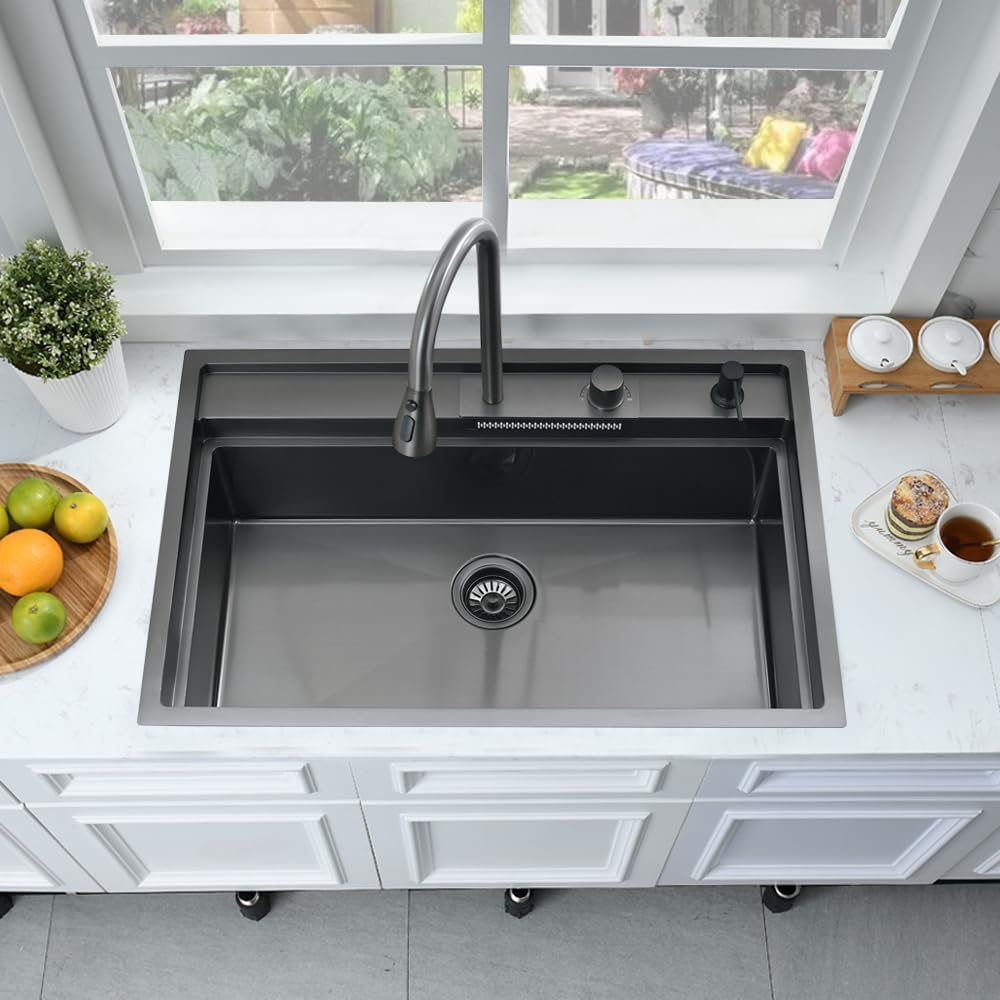 33 Inch Black Drop In Waterfall Kitchen Sink Workstation -Bokaiya 33x19 Black Stainless Steel Sink with Faucet Combo 16 Gauge 10' Deep Top Mount Single Bowl Modern Kitchen Sink