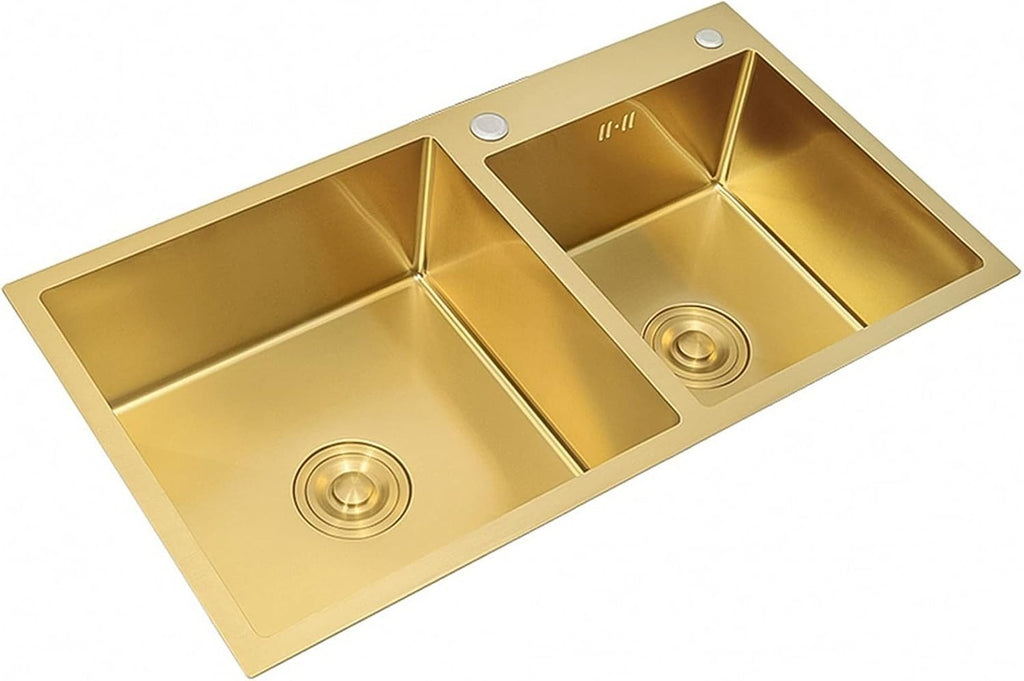 Kitchen Sink Large Gold Double Bowl Bar Sink Household 304 Stainless Steel Handmade RV Sink with Drain Assembly Drop in Or Undermount (Color : Gold, Size : 82x45x22cm) (Gold 82x45x22cm)