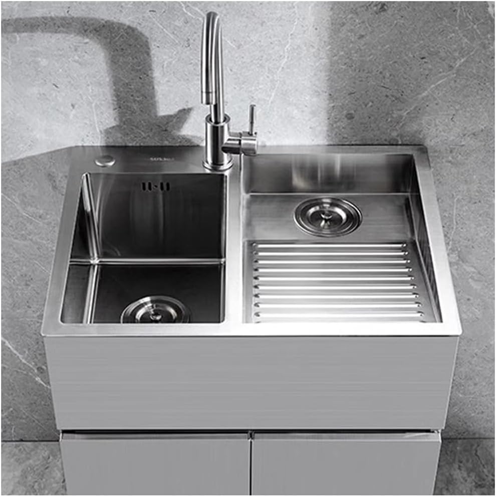 Bathroom Sinks Large 304 Stainless Steel Laundry Pool Single Bowl Kitchen Sink with Washboard Laundry Sink with Big Bend Faucet and Drainage Component (Silver-60x48x21cm