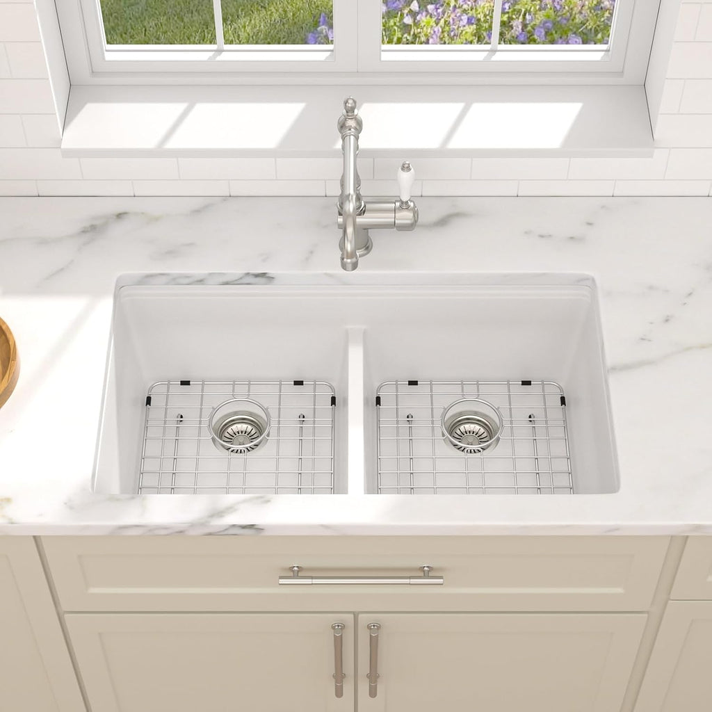 Dcolora 33 Inch Granite Compoisite Kitchen Sink White Undermount Kitchen Sink 50/50 Double Bowl Workstation Elegant Under Counter basin 33'×19'×10'，#DC-GX3327