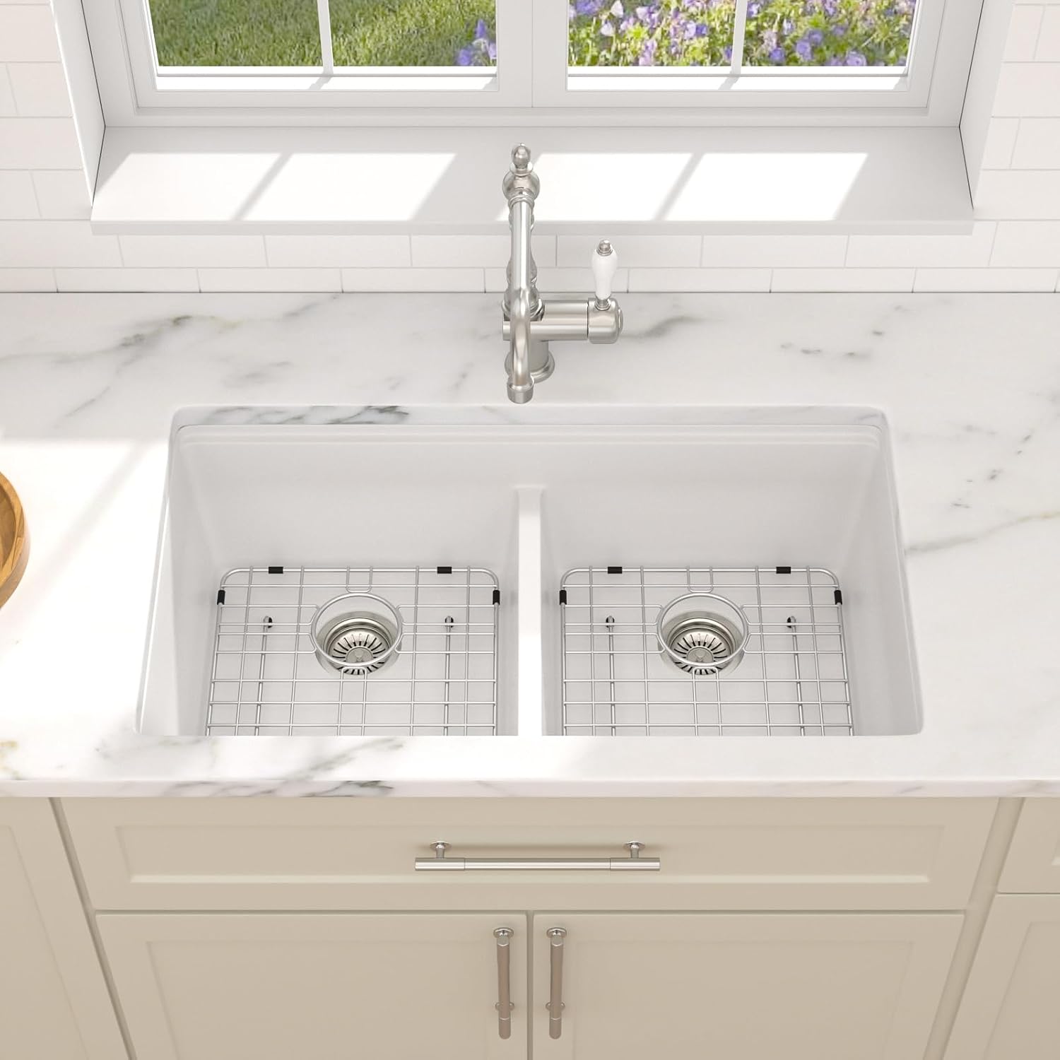 Dcolora 33 Inch Granite Compoisite Kitchen Sink White Undermount Kitchen Sink 50/50 Double Bowl Workstation Elegant Under Counter basin 33'×19'×10'，#DC-GX3327