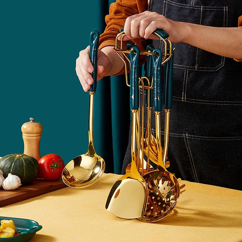 Kitchen Utensils Set with Holder Stainless Steel Cooking Utensil Set Ceramic Handle Farmhouse Style Cooking Tool Kitchen Gadget for Cookware，Green
