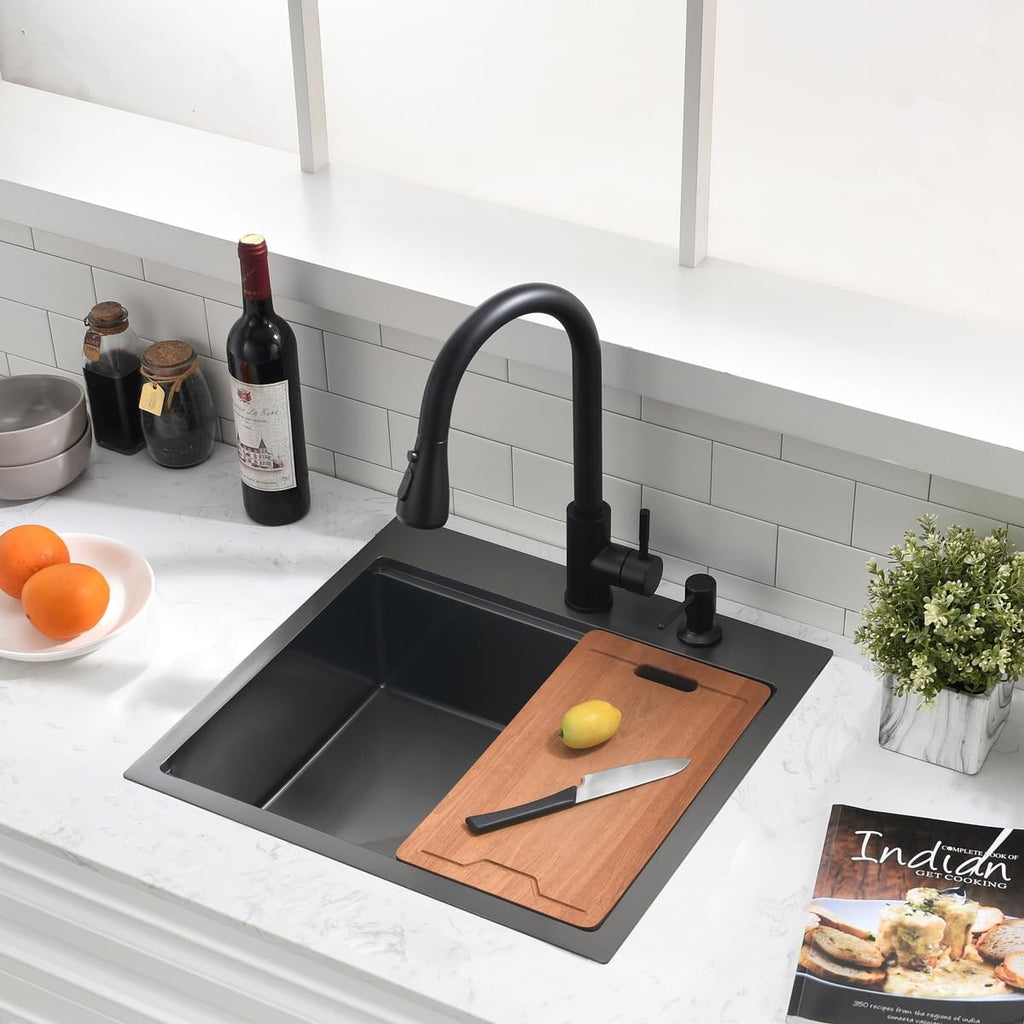 20 inch Black Drop Bar Sink - VOKIM 20'x 19' Inch Drop-in sink Workstation 16 Gauge Single Bowl Kitchen Sink With Cutting Board& colander