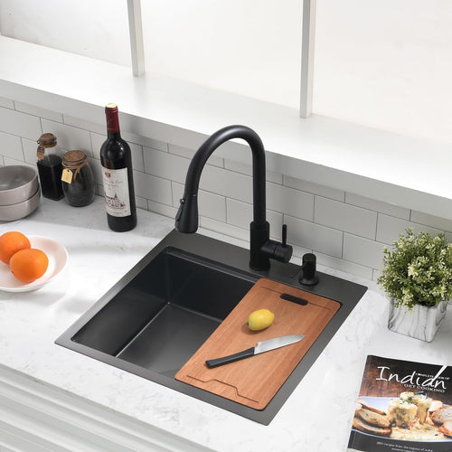 20 inch Black Drop Bar Sink - VOKIM 20'x 19' Inch Drop-in sink Workstation 16 Gauge Single Bowl Kitchen Sink With Cutting Board& colander
