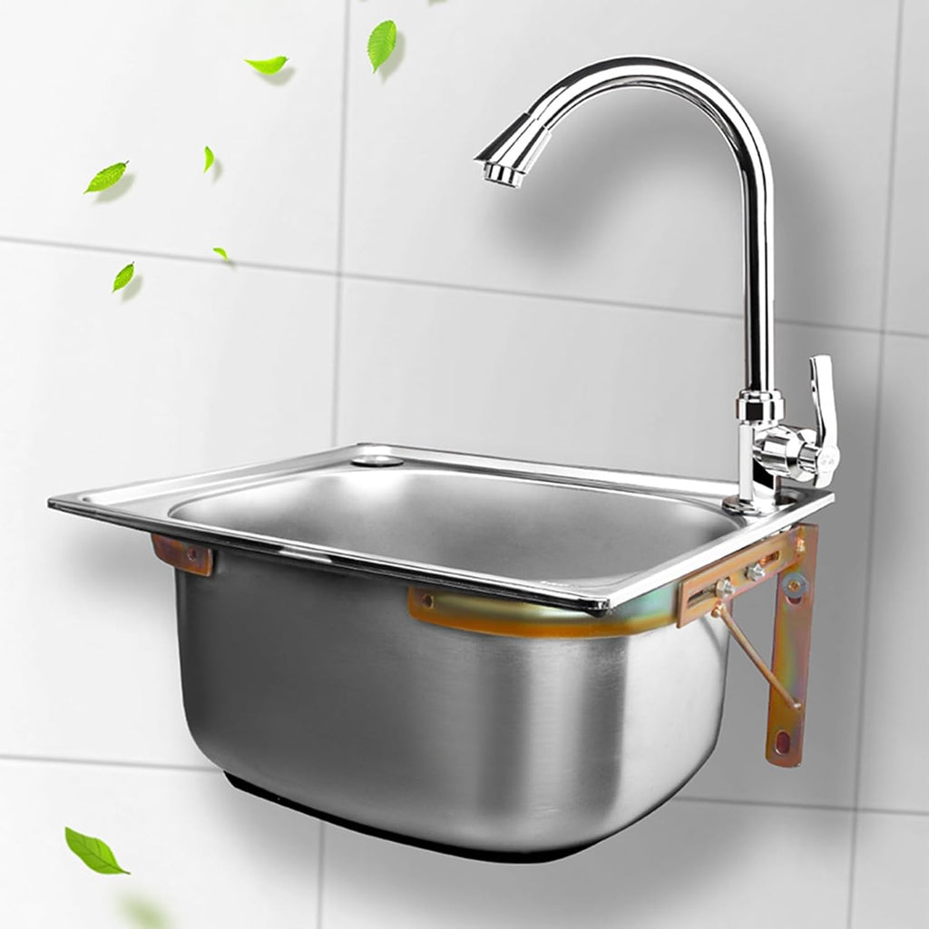 Stainless Steel Wall Mounted Commercial Restaurant Sink, Single Bowl Kitchen Sinks with Drainer Unit and Tap, Multipurpose Vanity Basin for Garage Restaurant Laundry,45x39cm