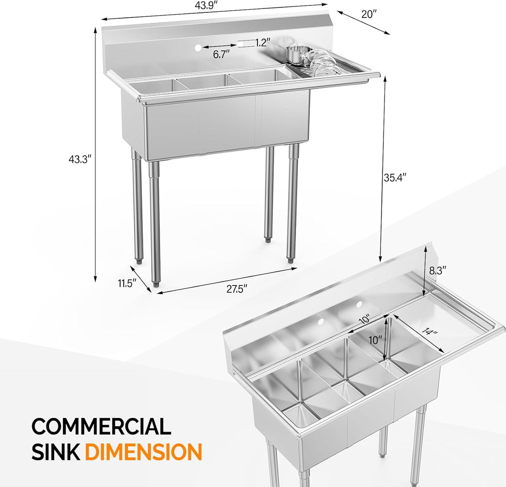 ROVSUN Commercial Sink, Stainless Steel with 3 Compartment and Right Side Drainboard, 43.9' x 20' x 43.3' Freestanding Kitchen Utility Sink, Bowl Size 10' x 14' x 10', Silver