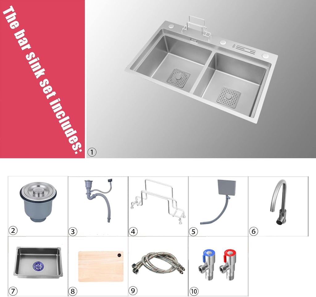Home Décor Sink Double Bowl Kitchen Sink Rv Sink with Large Bend Faucet and Drain Assembly Drop in or Undermount (82 * 46 * 24Cm