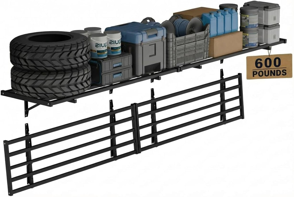 FLEXIMOUNTS Fold-Down 2x4ft Garage Wall Shelving, 4-Pack Heavy Duty Folding Garage Shelving Wall Mounted, 600 lbs Capacity, Storage for Power Tools, Garden Supplies & Seasonal Storage, Lite Series