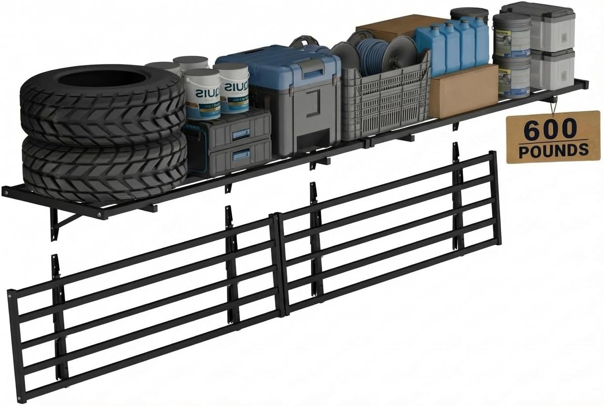 FLEXIMOUNTS Fold-Down 2x4ft Garage Wall Shelving, 4-Pack Heavy Duty Folding Garage Shelving Wall Mounted, 600 lbs Capacity, Storage for Power Tools, Garden Supplies & Seasonal Storage, Lite Series