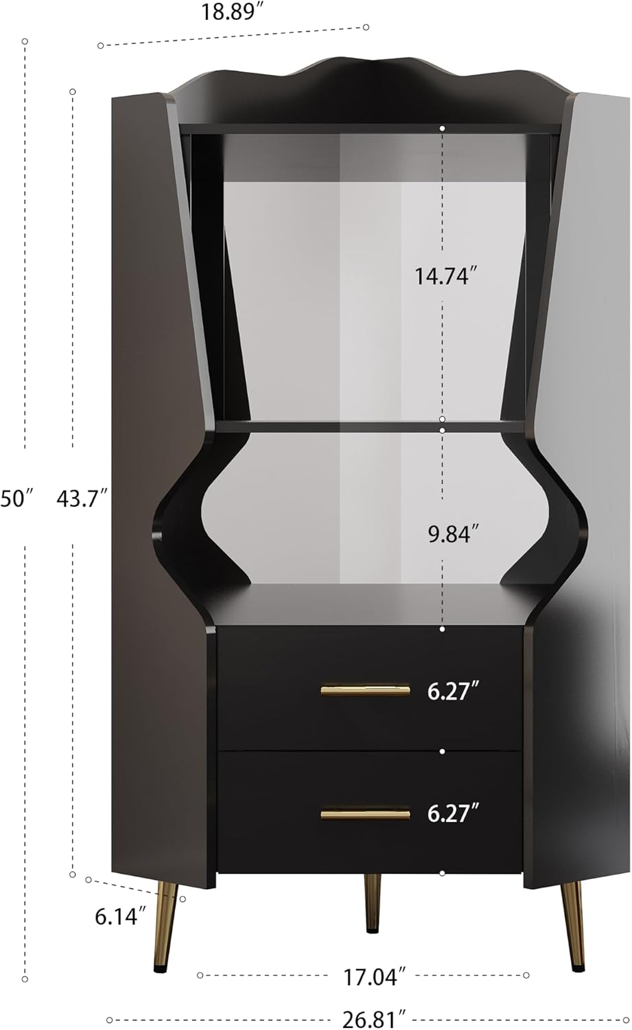 GDFStudio Wooden Corner Shelf Cabinet, Mirrored Back Coffee Bar Cabinets with Drawers & Open Storage, High Feet Corner Wine Rack Liquor Stand Kitchen Storage Cabinet for Living Room Dining Room, Black