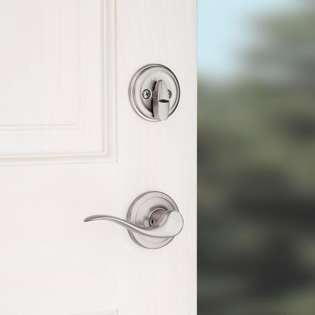 Kwikset Shelburne Front Door Lock Handle and Deadbolt Set, Entry Door Handleset Exterior with Tustin Interior Reversible Lever, Satin Nickel, Pick Resistant SmartKey Rekey Deadbolt Security