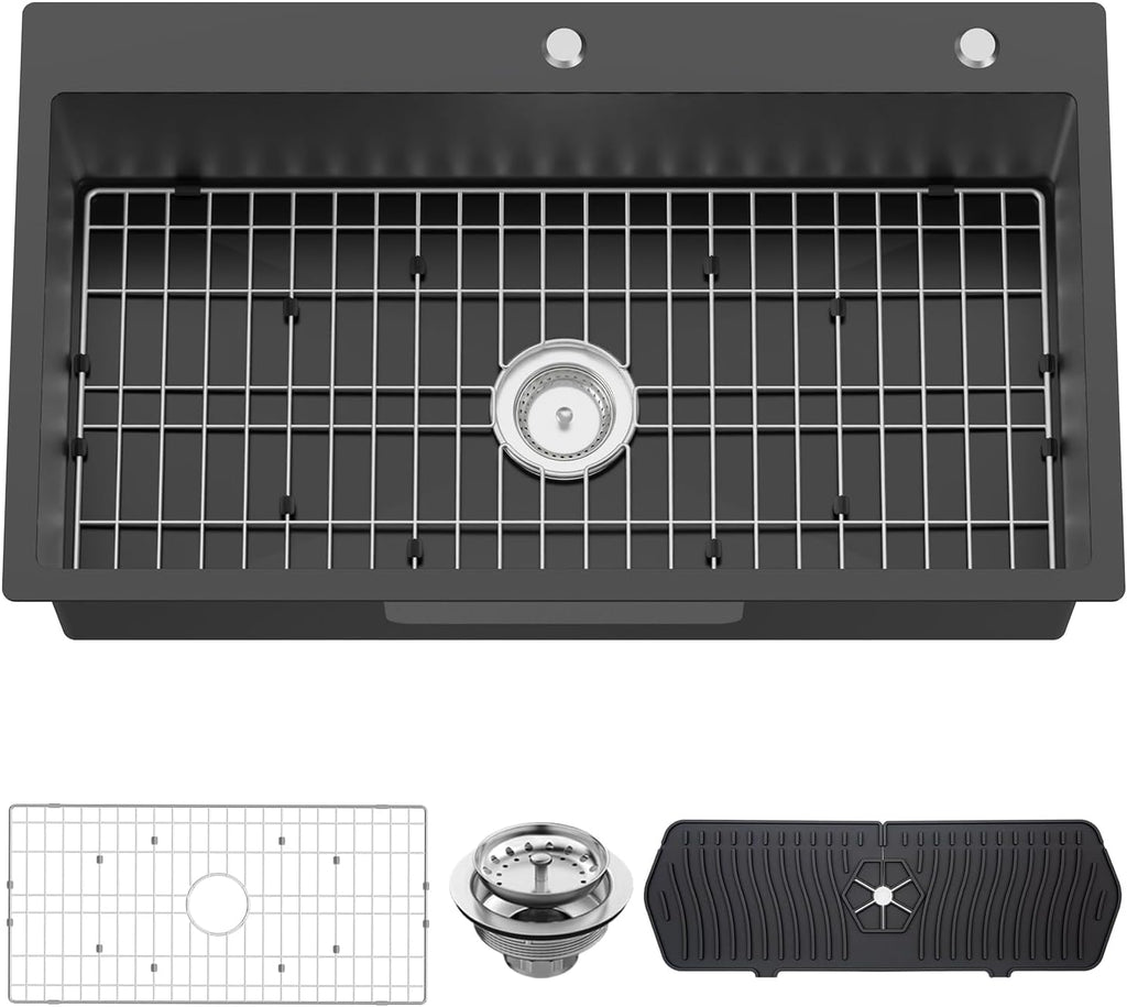 Black Kitchen Sink, 33x19 Inch Stainless Steel Drop In Modern Large Single Bowl Topmount Kitchen Sink Gift Combo-SS Grid,Silicon Mat, Drain Strainer Set Compatibility With Various Kitchen&Bar Styles