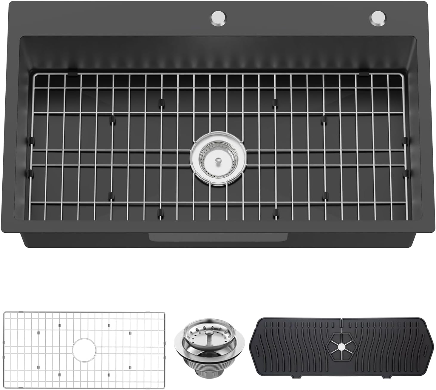 Black Kitchen Sink, 33x19 Inch Stainless Steel Drop In Modern Large Single Bowl Topmount Kitchen Sink Gift Combo-SS Grid,Silicon Mat, Drain Strainer Set Compatibility With Various Kitchen&Bar Styles