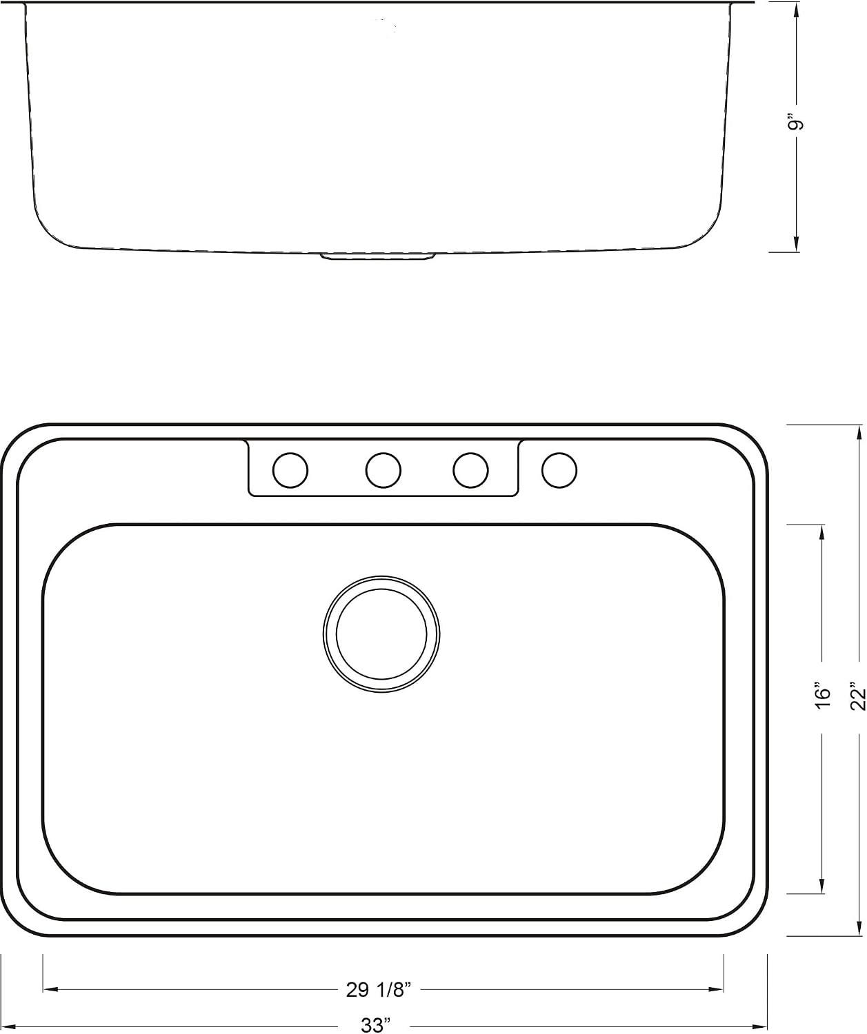 CozyBlock 33 x 22 x 9 Inch Top-mount/Drop-in Stainless Steel Single Bowl Kitchen Sink with Strainer - 18 Gauge Stainless Steel-4 Faucet Hole