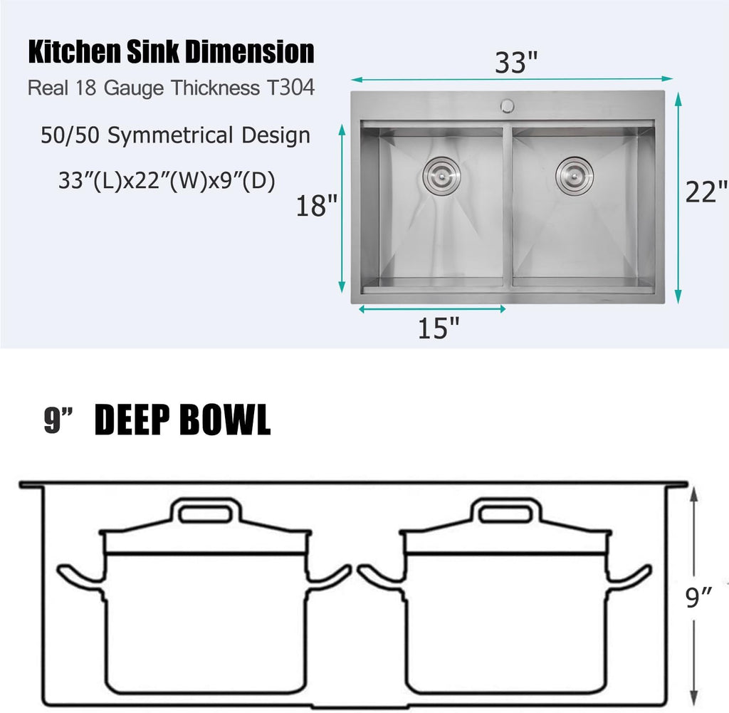 IKEBANA 33 x 22 Inch Double Bowl Kitchen Sink Drop in, Brushed Nickel 16 Gauge Stainless Steel Topmount 50/50 Double Basin Workstation Kitchen Sink with Accessories