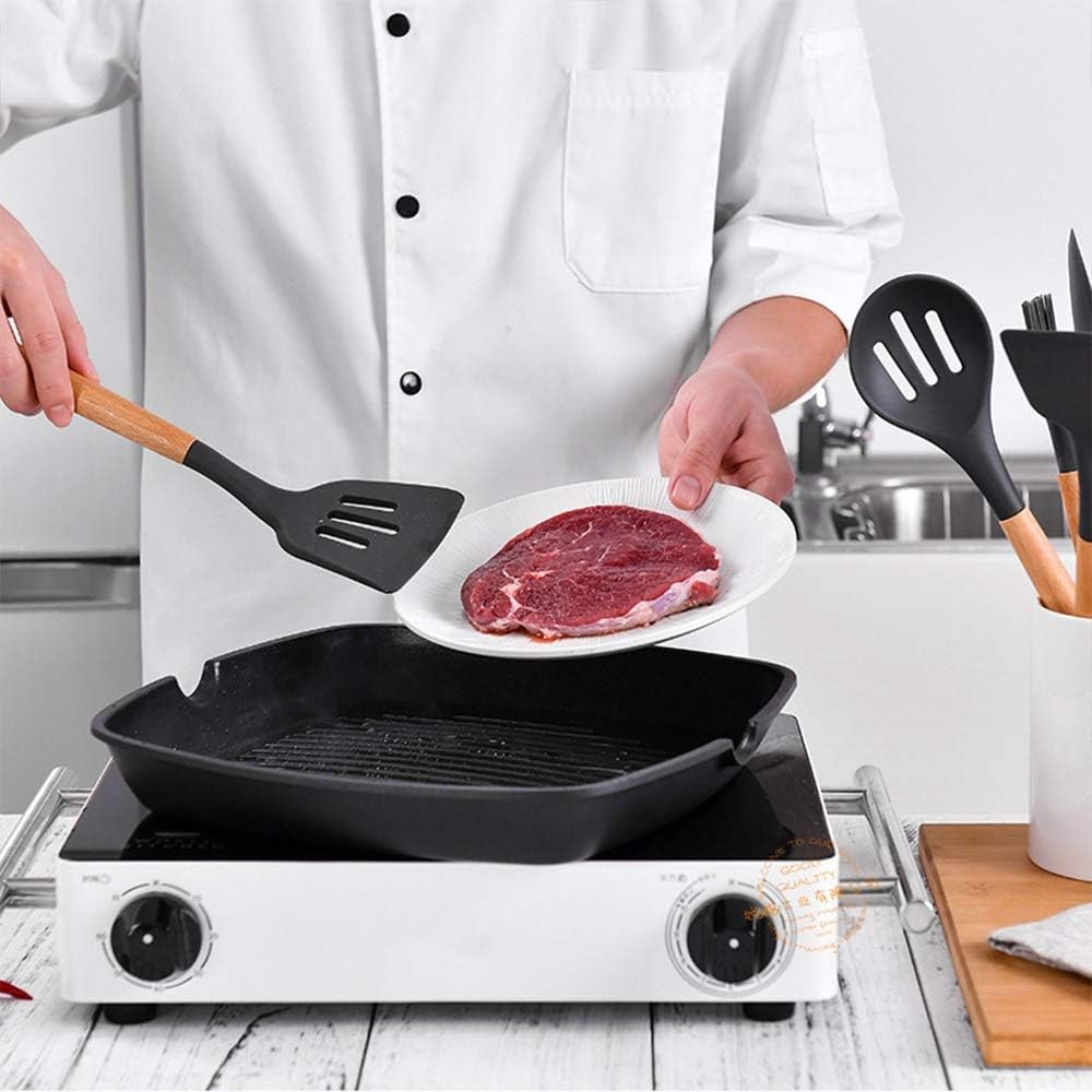 Wood Handle Silicone Nonstick Kitchen Utensil Set for Cooking Gadgets Cooking Utensils Set with Wood Handles Cookware ladle，