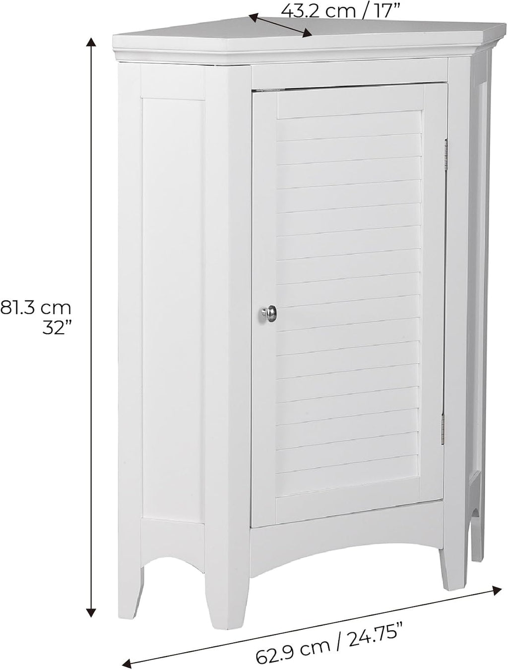 Teamson Home Glancy Freestanding Corner Floor Cabinet with Faux Louvered Door, White | Wooden, Faux Louvered Door, 2 Adjustable Tier Storage, For Bathroom Living Room