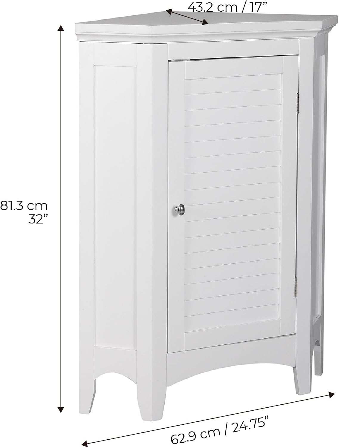 Teamson Home Glancy Freestanding Corner Floor Cabinet with Faux Louvered Door, White | Wooden, Faux Louvered Door, 2 Adjustable Tier Storage, For Bathroom Living Room