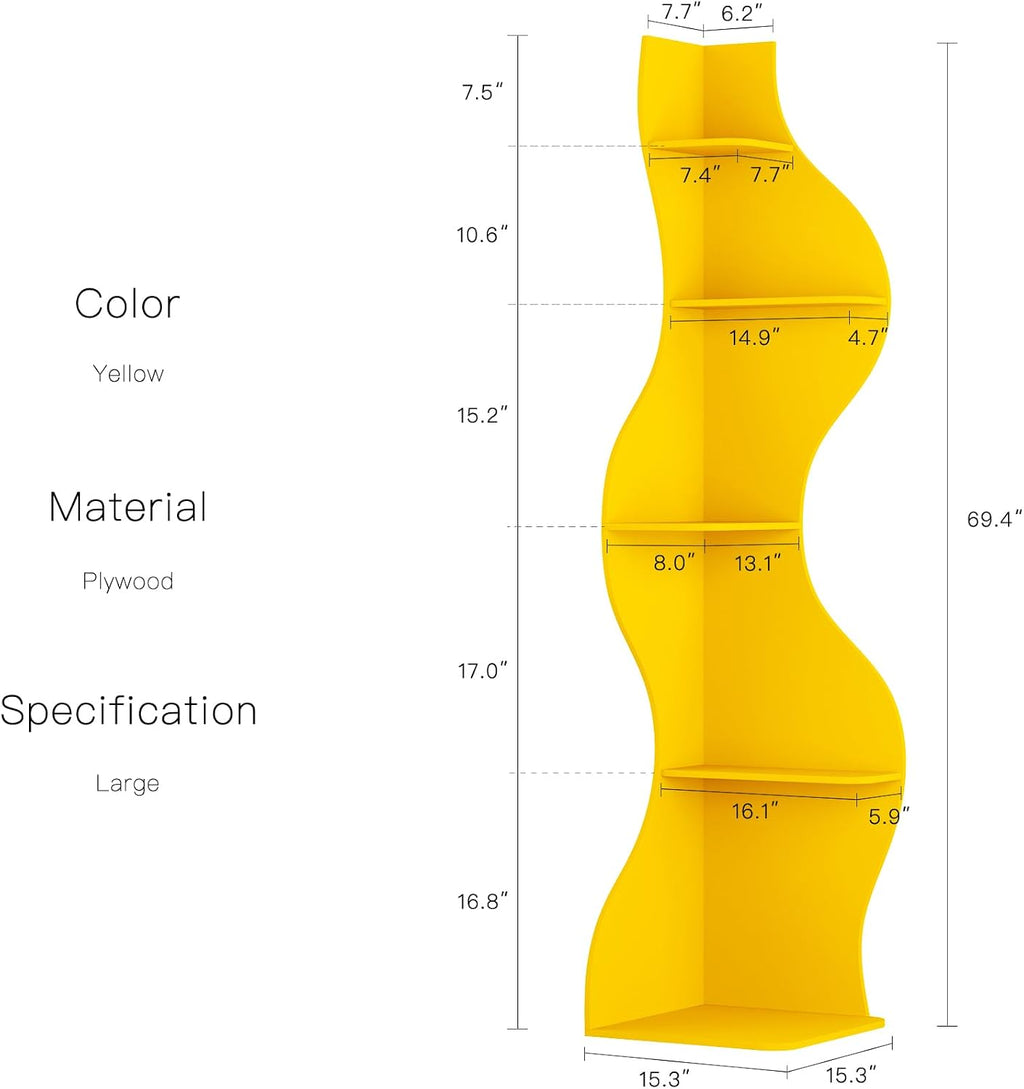 YOWOS 69.4' 5-Tier Modern Corner Bookshelf – Wavy Wooden Display Shelf with Storage, Narrow Corner Bookcase for Small Spaces, Ideal for Plants, Books & Decor (Yellow)