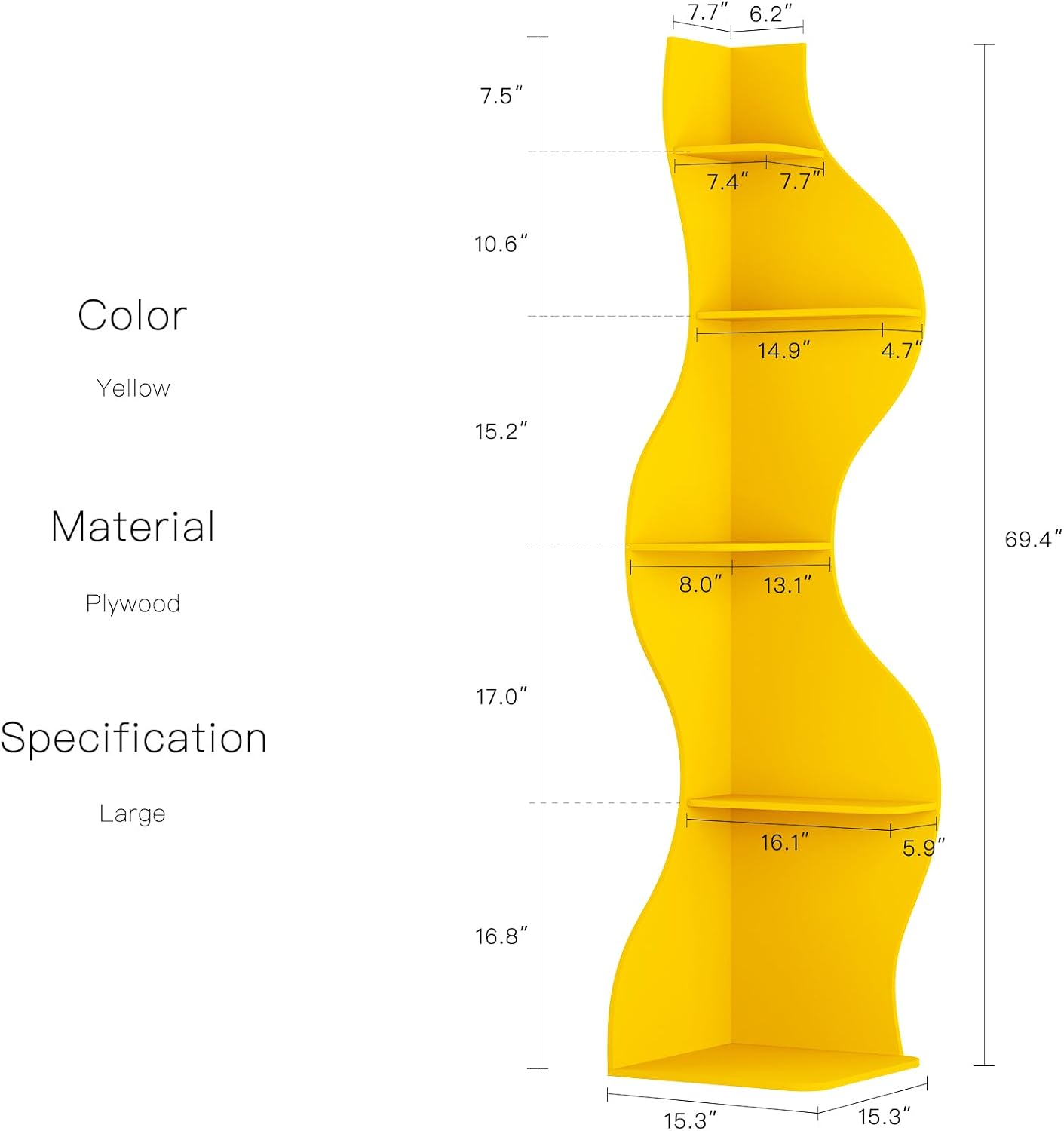 YOWOS 69.4' 5-Tier Modern Corner Bookshelf – Wavy Wooden Display Shelf with Storage, Narrow Corner Bookcase for Small Spaces, Ideal for Plants, Books & Decor (Yellow)