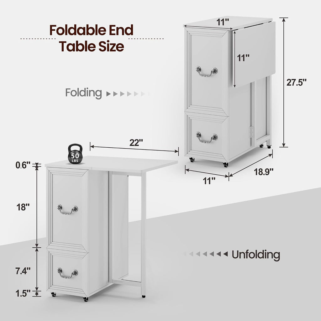 Dystler Side Table Set of 2 with Charging Station and LED Lights, 27.5' Tall Rolling End Table with Drawers and Shelves, Narrow Nightstand with Wheels for Small Space, Living Room, Bedroom, White
