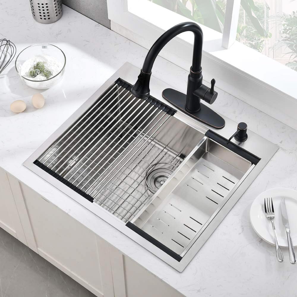 25 Inch Drop in Kitchen Sink Workstation, 25x22 Drop in Kitchen Sink Stainless Steel Single Bowl 16 Gauge Topmount Handmade Basin