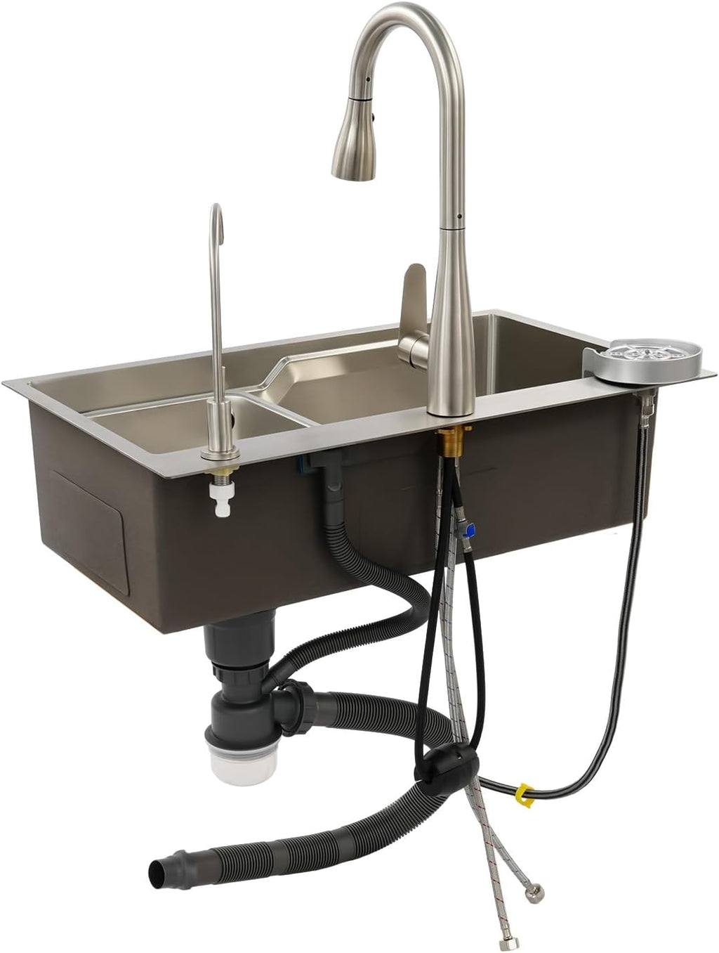 DYRABREST 29.5 Inch Stainless Steel Kitchen Sink Multi-Function Commercial Sink Set with Cutting Board & Basin-in-Basin, Drop-In/Undermount Install, Cup Rinser and Drainer for Restaurant Home (Silver)