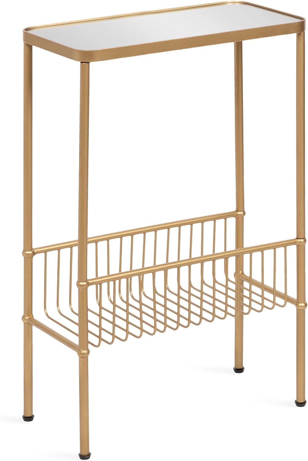 Kate and Laurel Trubey Modern Mirrored Rectangle Narrow Side Table, 16 x 8 x 25, Gold, Modern Glam Slim End Table with Bottom Wire Storage Rack and Mirrored Tabletop