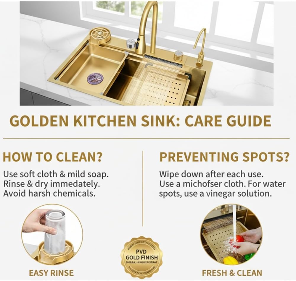 Gold Nano Stainless Steel Kitchen Sink - Single Bowl Workstation with Integrated Waterfall Pull-Out Faucet & Complete Accessory Set (29.5 X 17.7 Inch)