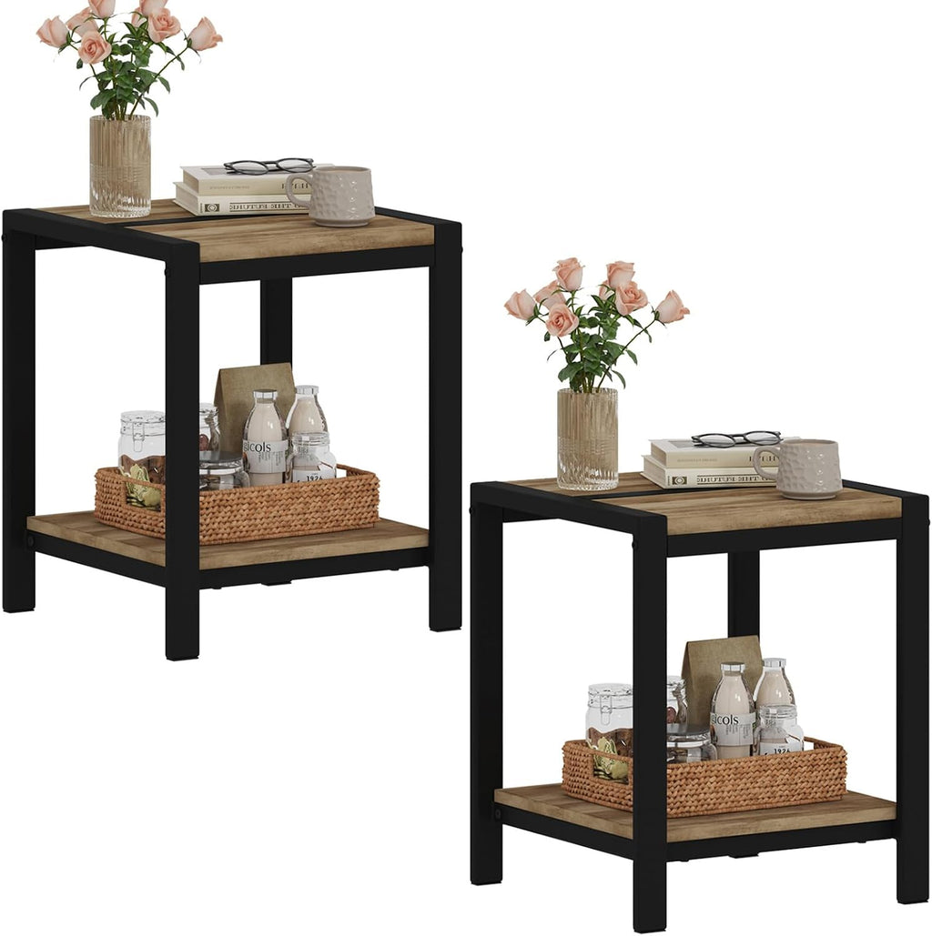 BON AUGURE End Table Set of 2, Rustic Farmhouse Side Table with Storage Shelf, Small Square Nightstand for Bedroom, 2 Tier Sofa Accent Table for Living Room, Space Saving (Vintage Oak)