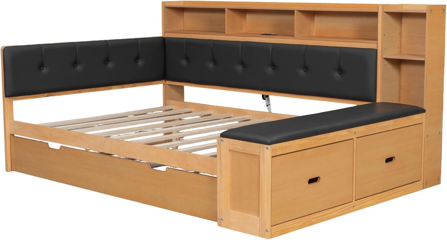SOFTSEA Full Size Daybed with Trundle, Storage & Charging Station, Wooden Corner Daybed Frame with Upholstered Headboard & Bench for Bedroom or Apartment, No Box Spring Needed, Natural