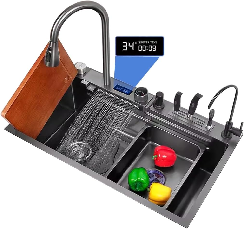 Waterfall Kitchen Sink Single Bowl Bar Sink Workstation Kitchen Sink with Three-in-one Pull-Out Faucet LED Digital Display Screen Pressurized Cup Washer Knife Holder Box (Black 75x45x21cm)