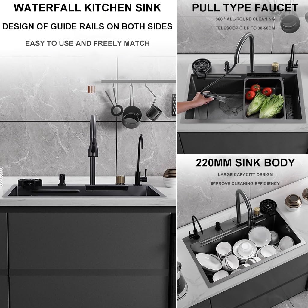 Stainless Steel Waterfall Sink Multifunctional Single Bowl Kitchen Sink Nano Coated Workstation Sink with 3-in-1 Pull-Out Faucet,Drainage Component,Cup Wash(