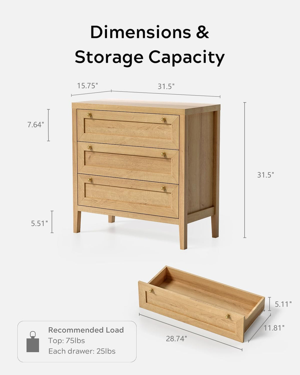 EYYTHUNG Modern 3 Drawer Dresser for Bedroom, Chest of Drawers with Golden Handles, Wood Tall Nightstand, Storage Dresser Cabinet Side Table for Living Room, Hallway, Natural Oak