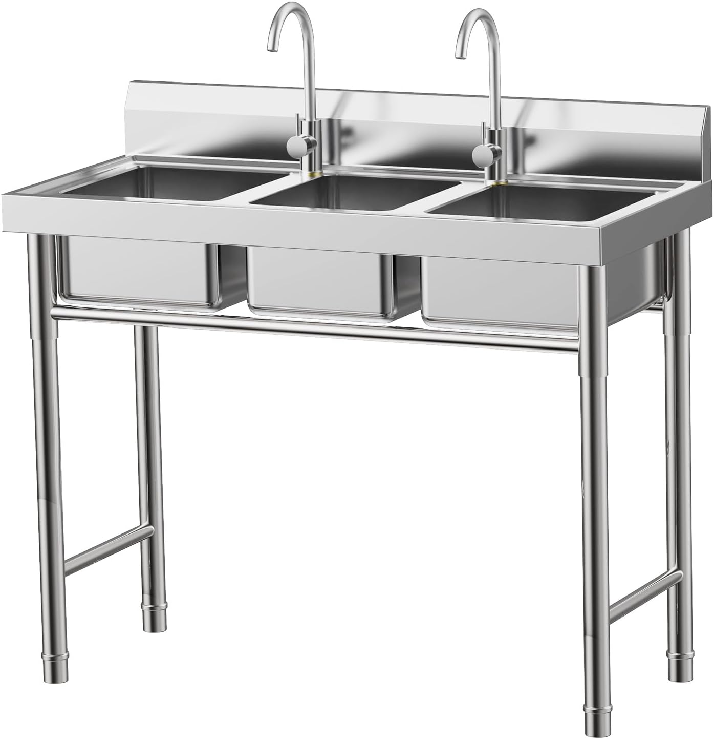 Commercial Utility Sink Stainless Steel 3 Compartment Kitchen Sink with Cold and Hot Water Pipe Freestanding Utility Sinks for Restaurant, Coffee Shop, Bar, Food Truck, 39×18×35.8 inch